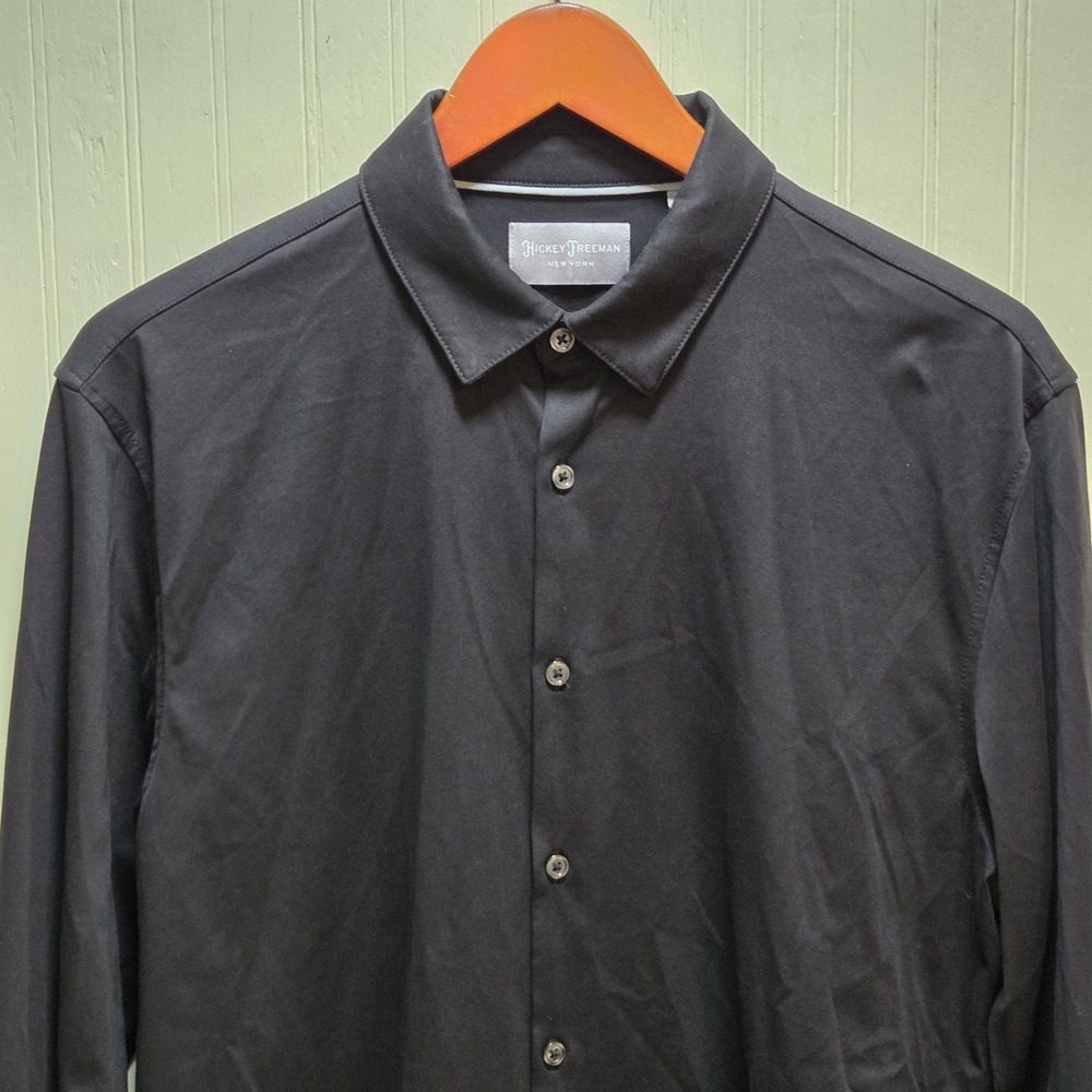 Hickey Freeman Shirt Mens Medium Black Solid Long Sleeve Dress Button Front‎